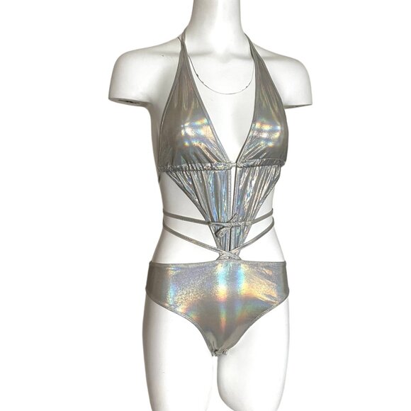 NWT Shein Hologram Tie Up  bodysuit Rave Festival Burning Man - Picture 1 of 10